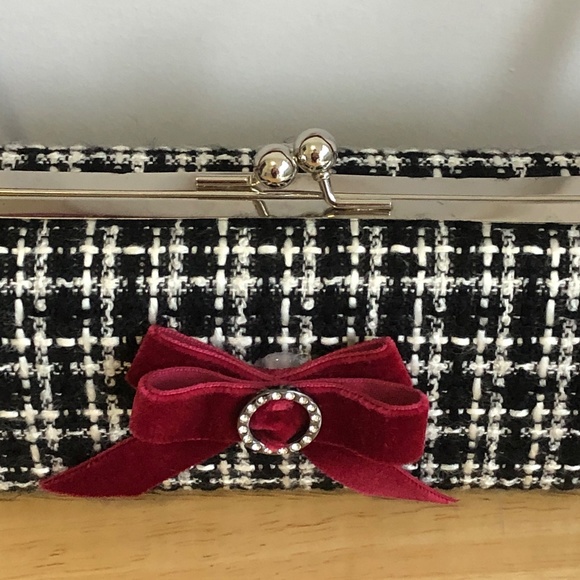 Tweed velvet bow bag purse retro kisslock style black white burgundy diamantés - Picture 6 of 6